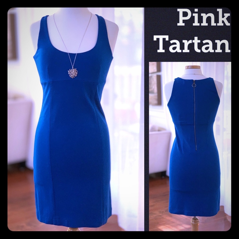 PINK TARTAN body con bright royal blue knit dress